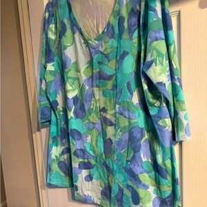 Floral V-Neck Women's Top - Blue, aqua and Green